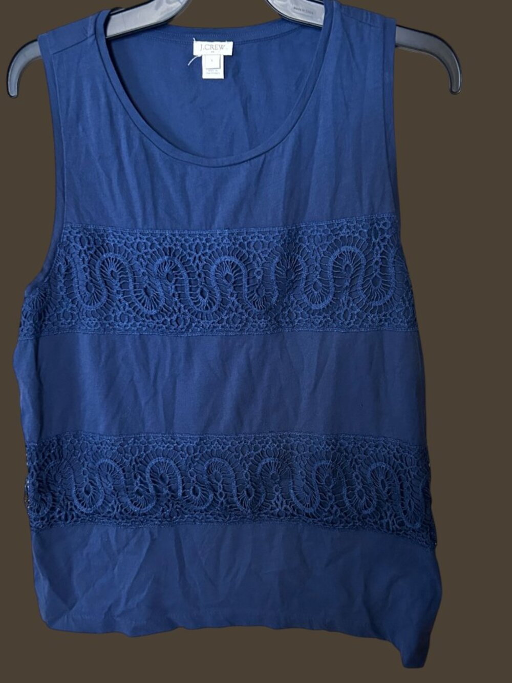 J.Crew Navy Crochet Lace Inset Sleeveless Tank Top Cotton Size L